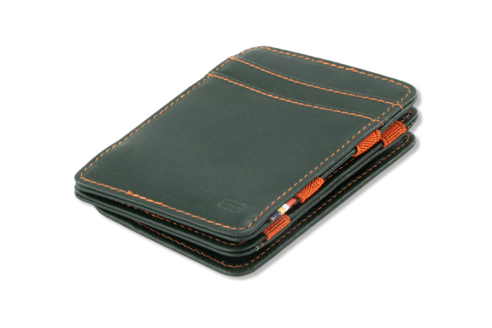 Front side view of the Urban Magic Coin Wallet in Green-Orange.
