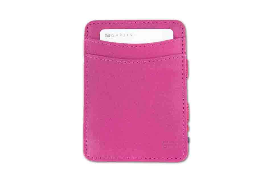Front view with card of the Urban Magic Coin Wallet in Raspberry.