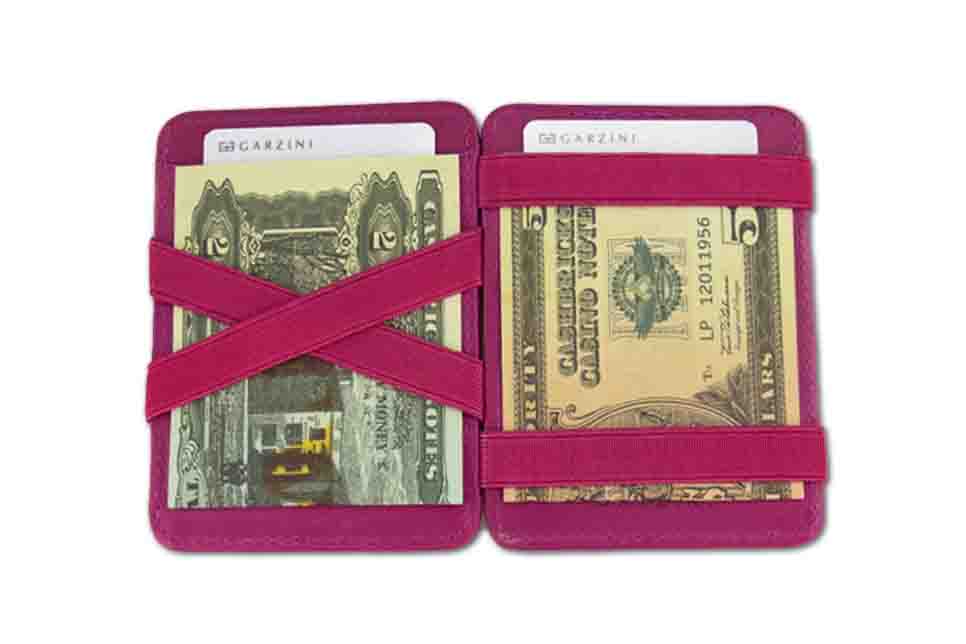 Open view of the Classic Magic Coin Wallet in Raspberry with money.