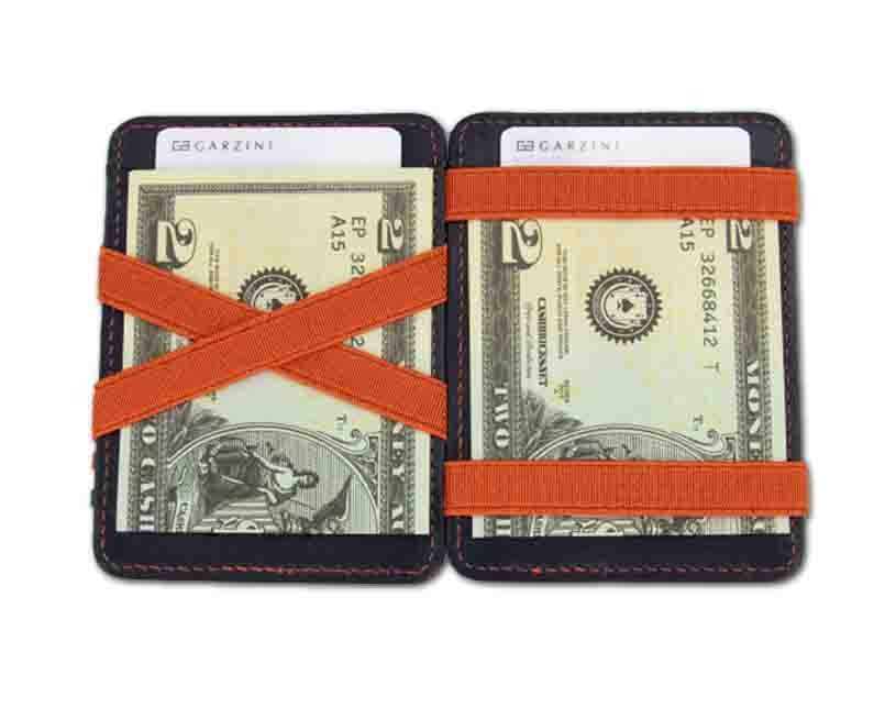 Open view of the Urban Magic Wallet in Blue-Orange with money. 