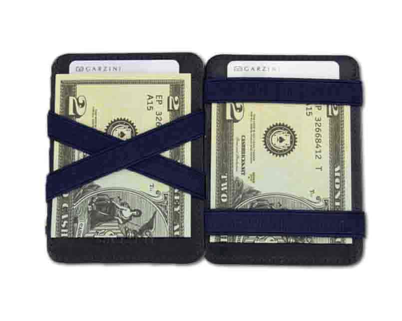 Open view of the Urban Magic Wallet in Blue with money. 