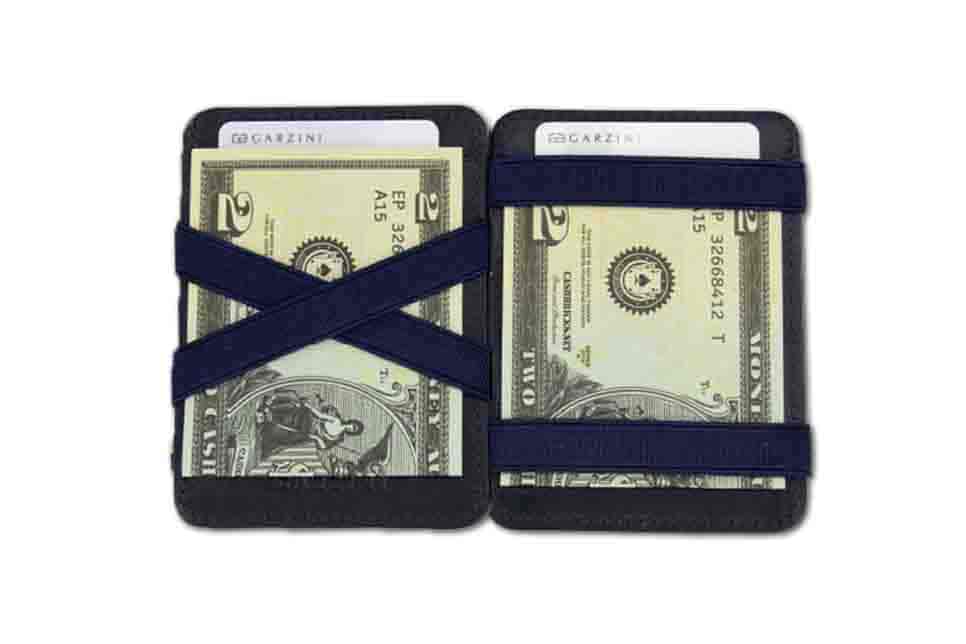 Open view of the Classic Magic Wallet in Blue with money. 