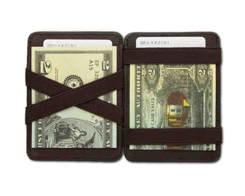 Open view of the Urban Magic Wallet in Brown with money. 