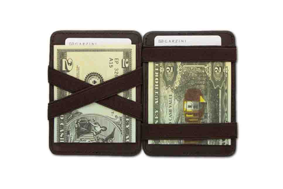 Open view of the Classic Magic Wallet in Brown with money. 
