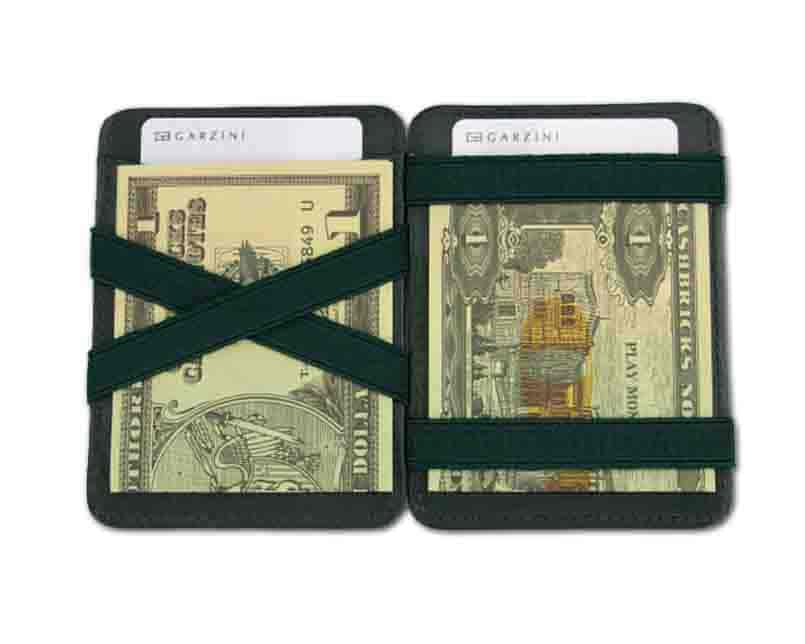 Open view of the Urban Magic Wallet in Green with money. 