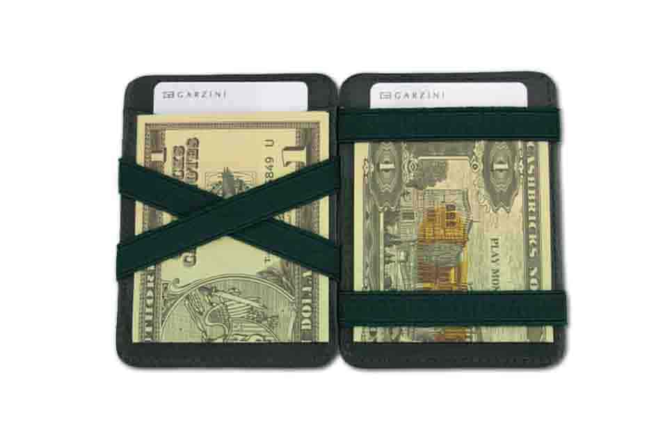 Open view of the Urban Magic Wallet in Green with money. 