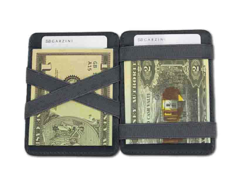 Open view of the Urban Magic Wallet in Grey with money. 