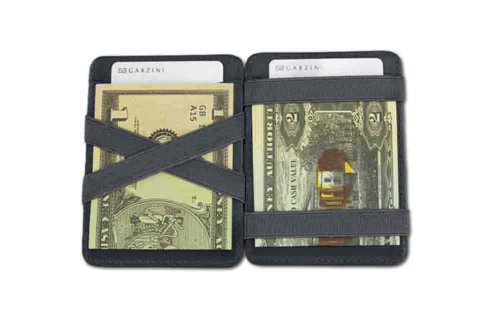 Open view of the Urban Magic Wallet in Grey with money. 