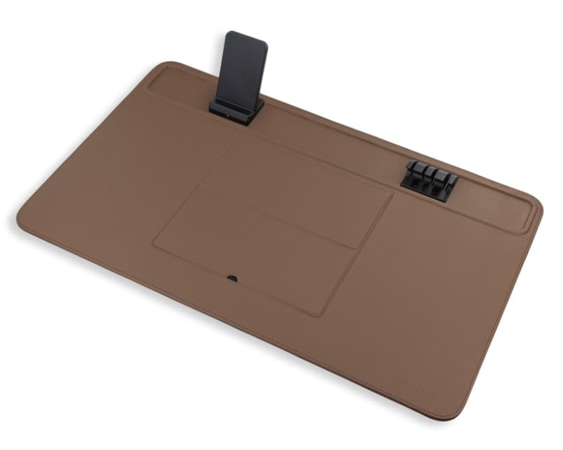 full view of the brown desk mat
