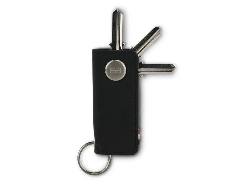 Front view of Lusso Vintage Key Holder in Brushed Black with with a key holder ring and 3 keys. 