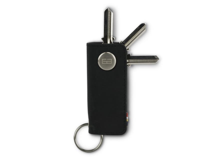 Front view of Lusso Vintage Key Holder in Brushed Black with with a key holder ring and 3 keys. 