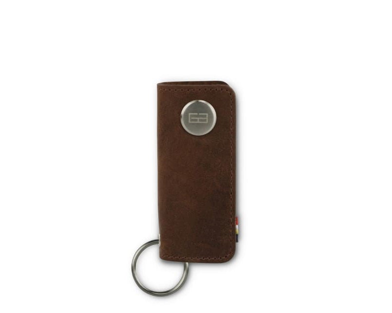 Front view of Lusso Vintage Key Holder in Brushed Brown with with a key holder ring.