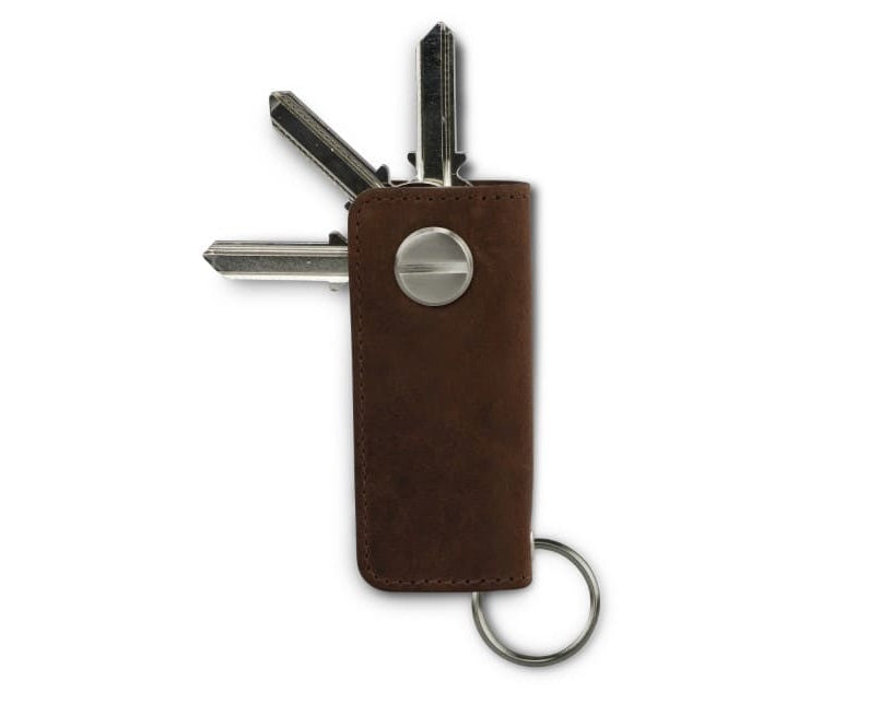 Back view of Lusso Vintage Key Holder in Brushed Brown with with a key holder ring and 3 keys. 