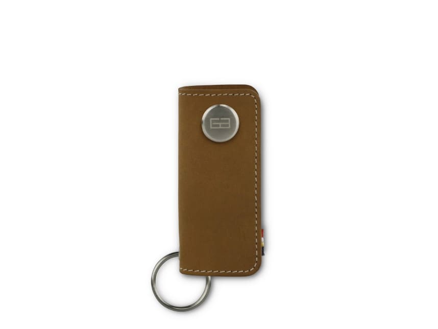 Front view of Lusso Key Holder in Camel Brown with with a key holder ring.