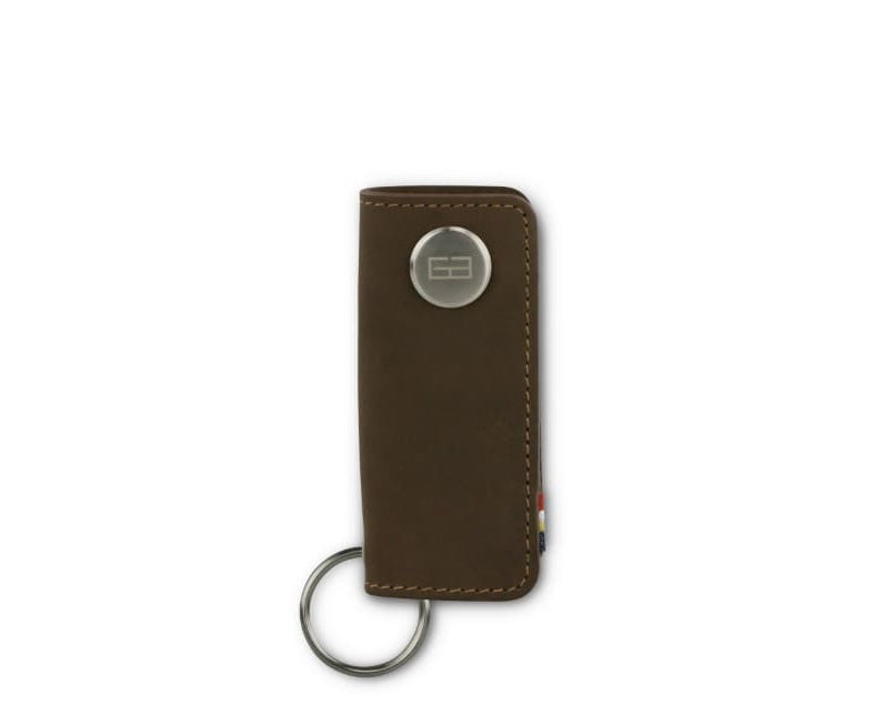 Front view of Lusso Key Holder in Java Brown with with a key holder ring.