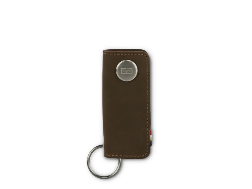 Front view of Lusso Key Holder in Java Brown with with a key holder ring.