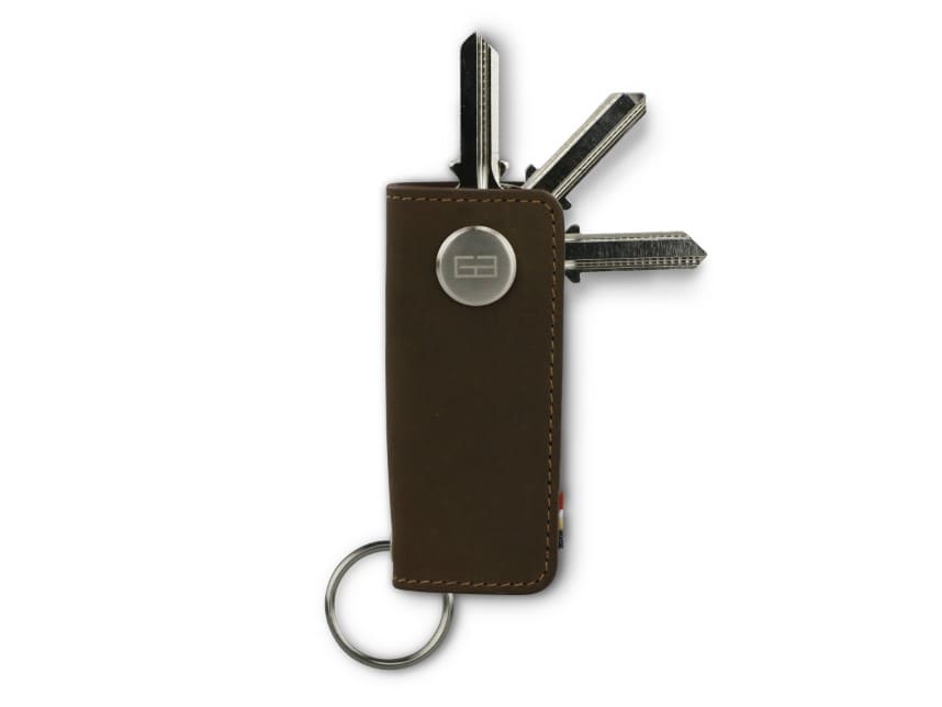 Front view of Lusso Key Holder in Java Brown with with a key holder ring and 3 keys. 