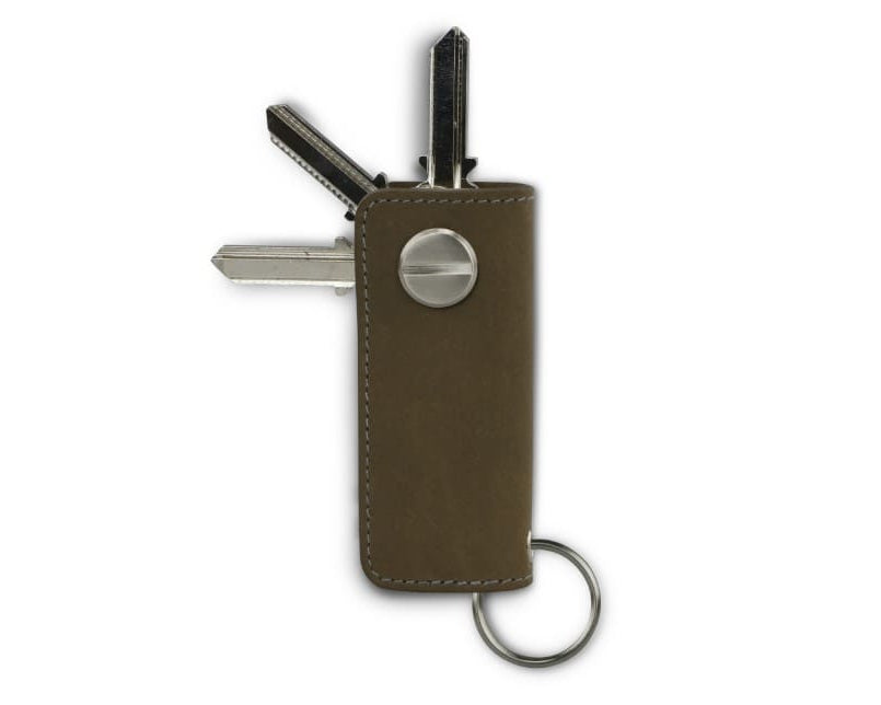 Back view of Lusso Key Holder in Metal Grey with with a key holder ring and 3 keys. 
