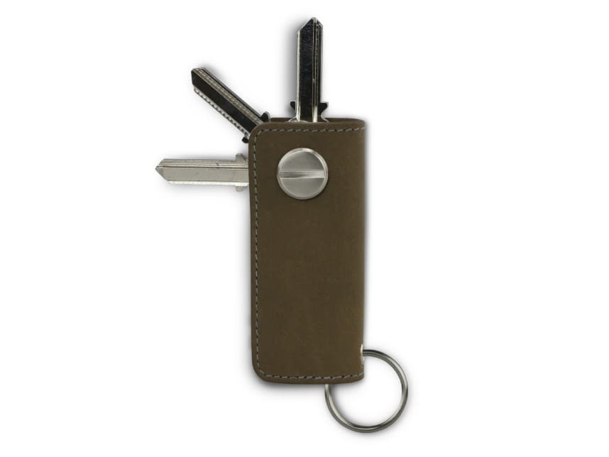 Back view of Lusso Key Holder in Metal Grey with with a key holder ring and 3 keys. 