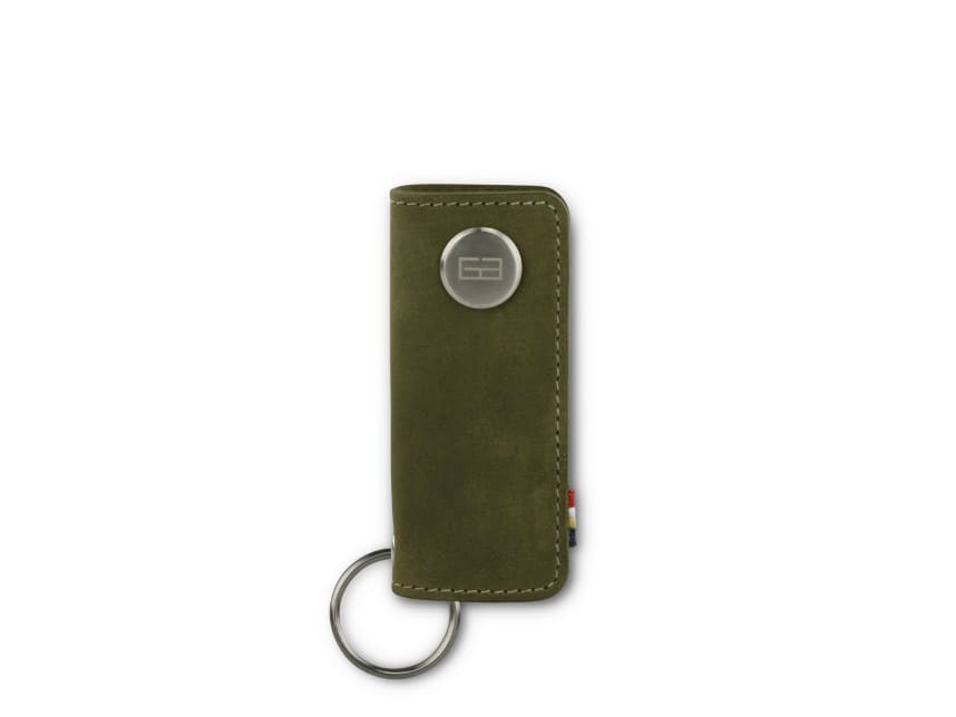 Front view of Lusso Key Holder in Olive Green with with a key holder ring.