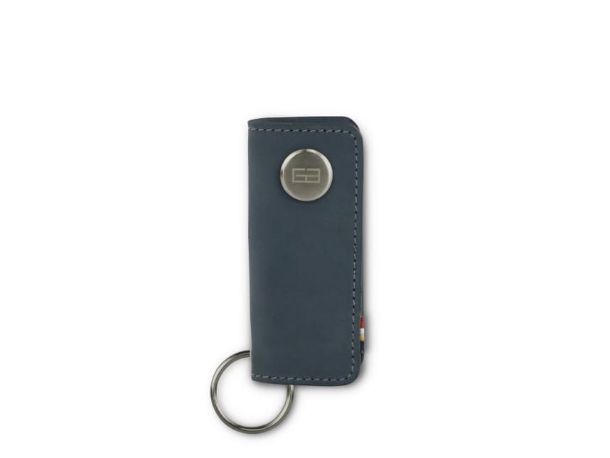 Front view of Lusso Key Holder in Sapphire Blue with with a key holder ring.