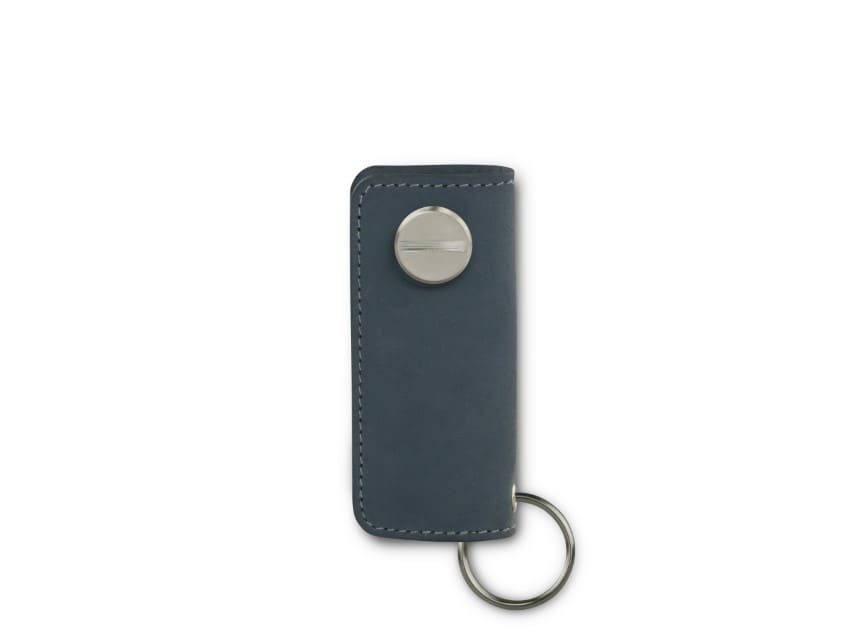 Back view of Lusso Key Holder in Sapphire Blue with with a key holder ring.