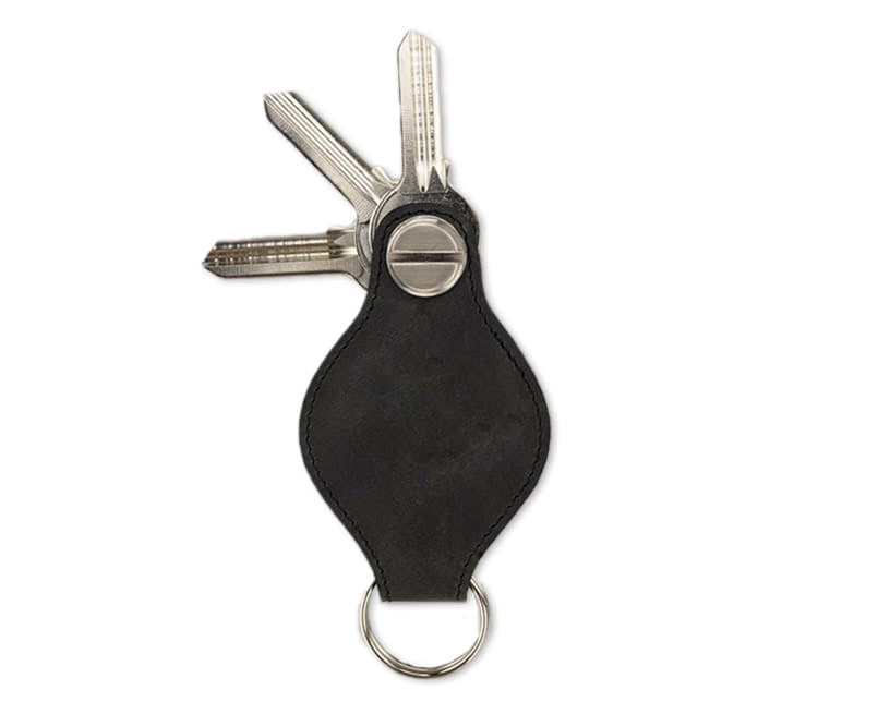 Back view of Lusso AirTag Key Holder in Brushed Black with a key holder ring and 3 keys.