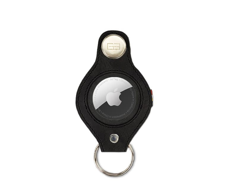 Front view of Lusso AirTag Key Holder in Brushed Black with a key holder ring.