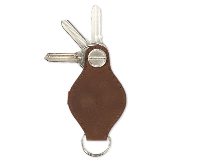 Back view of Lusso AirTag Key Holder in Brushed Brown with a key holder ring and 3 keys.