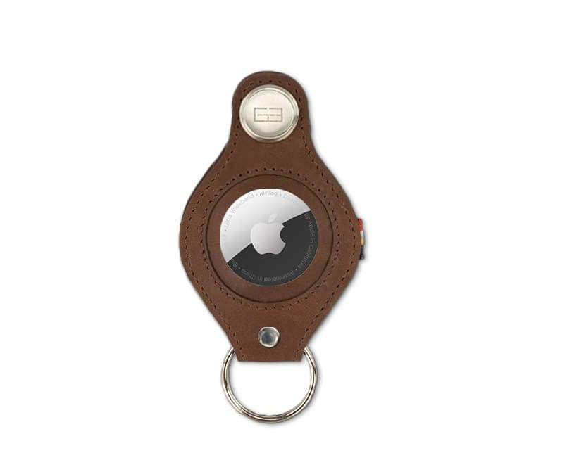 Front view of Lusso AirTag Key Holder in Brushed Brown with a key holder ring.