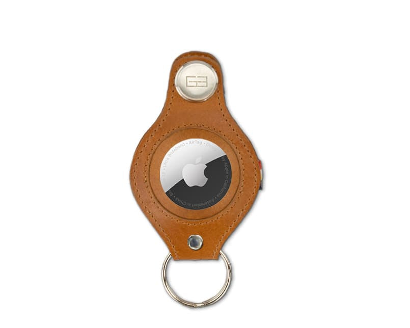 Front view of Lusso AirTag Key Holder in Brushed Cognac with a key holder ring.