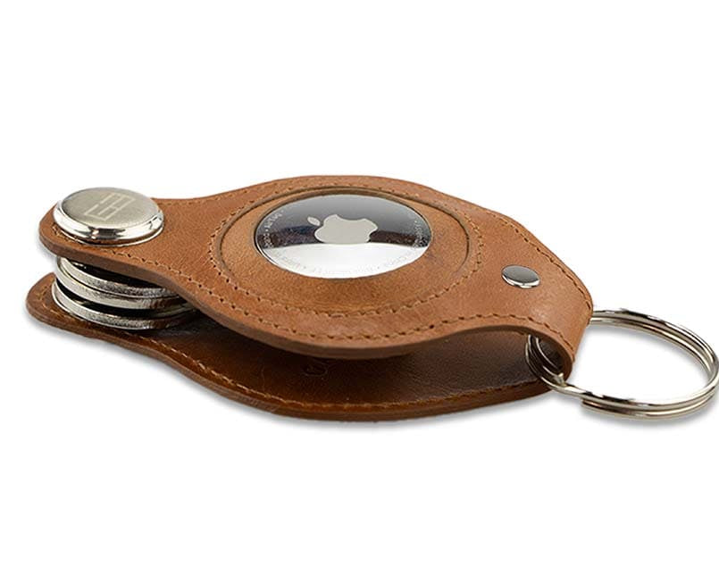 Side view of Lusso AirTag Key Holder in Brushed Cognac with a key holder ring.