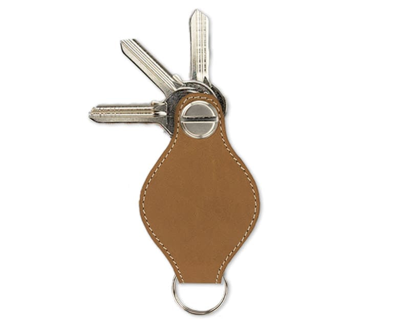 Back view of Lusso AirTag Key Holder in Camel Brown with a key holder ring and 3 keys.