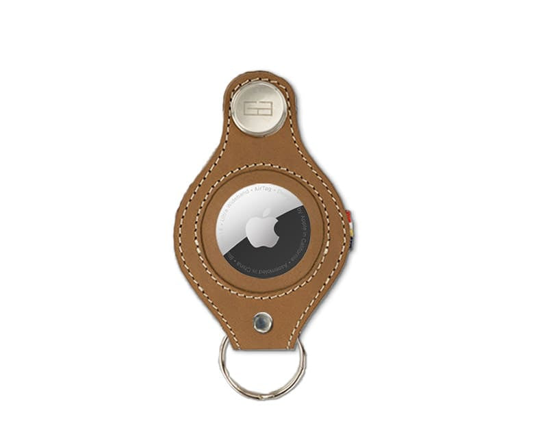 Front view of Lusso AirTag Key Holder in Camel Brown with a key holder ring.