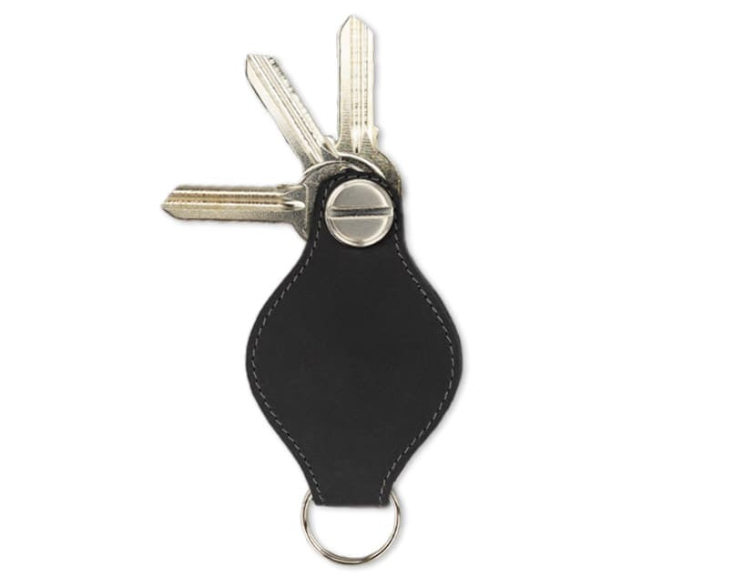Back view of Lusso AirTag Key Holder in Carbon Black with a key holder ring and 3 keys.