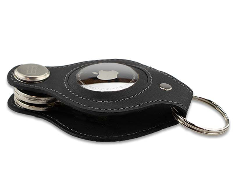 Side view of Lusso AirTag Key Holder in Carbon Black with a key holder ring.