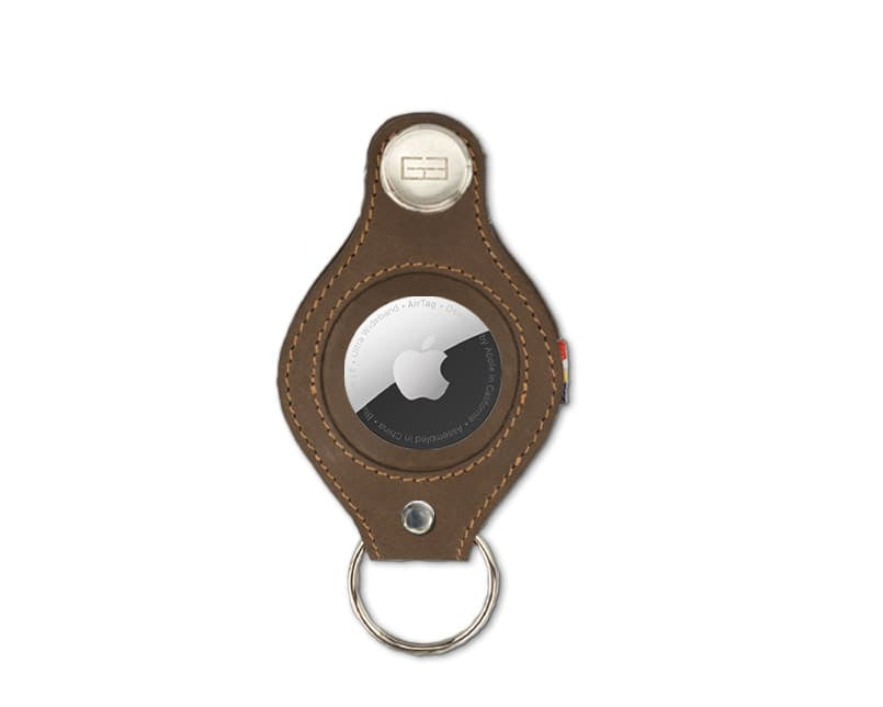 Front view of Lusso AirTag Key Holder in Java Brown with a key holder ring.