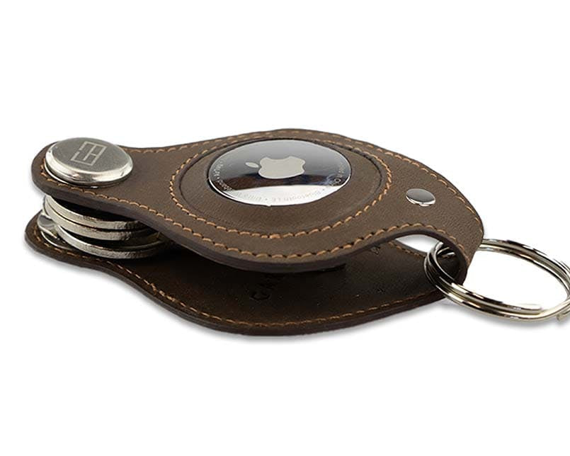 Side view of Lusso AirTag Key Holder in Java Brown with a key holder ring.