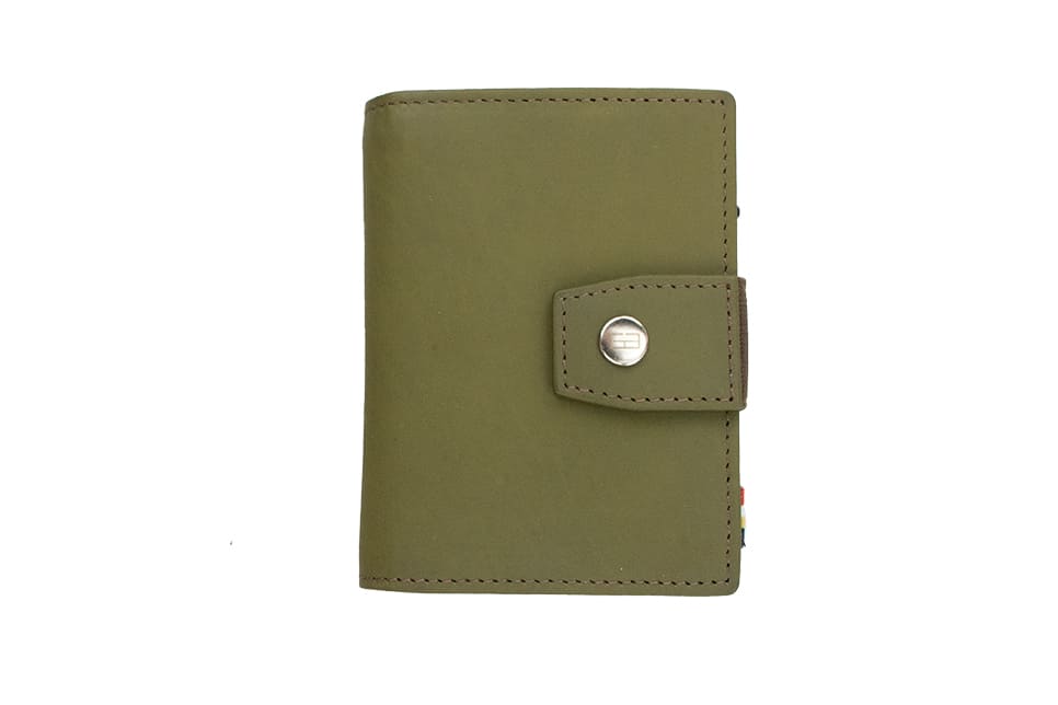 Closed Front Garzini Metal Wallet in olive brown leather with push button, minimalist design
