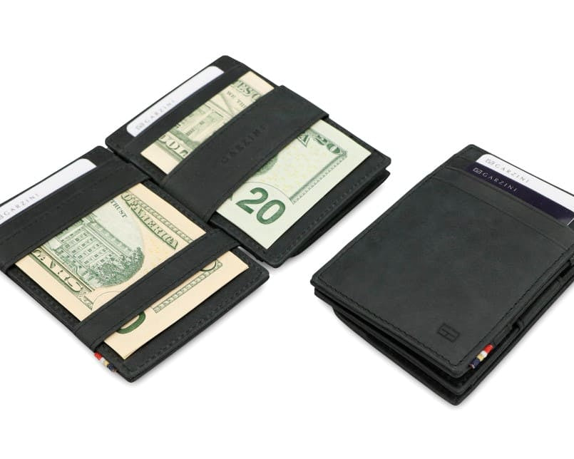 Front view of the Essenziale Magic Coin Wallet Brushed in Brushed Black with 3 front pockets for cards.