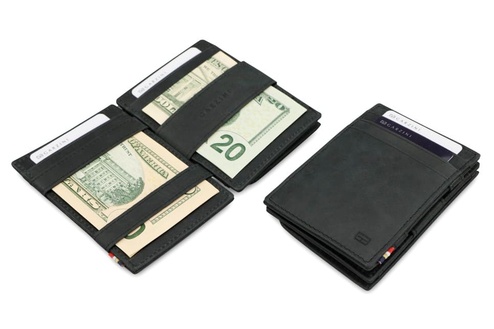 Front view of the Essenziale Magic Coin Wallet Brushed in Brushed Black with 3 front pockets for cards.