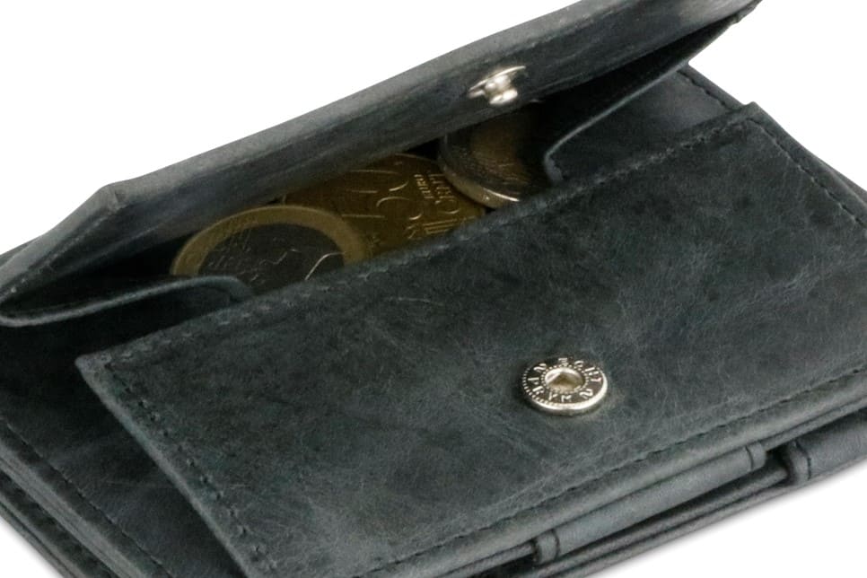 Back view of Essenziale Magic Coin Wallet Brushed in Brushed Black with open coin pocket.