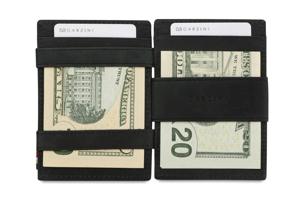 Open view of Essenziale Magic Coin Wallet Brushed in Brushed Black with money inside.