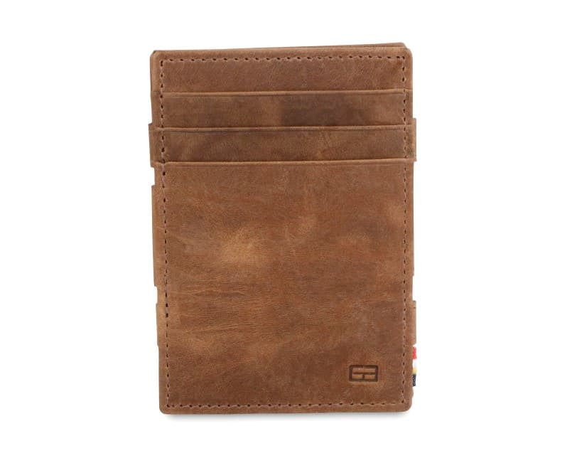Front view of the Essenziale Magic Coin Wallet Brushed in Brushed Brown with 3 front pockets for cards.