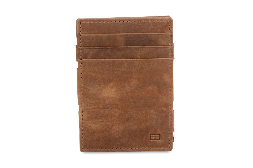 Front view of the Essenziale Magic Coin Wallet Brushed in Brushed Brown with 3 front pockets for cards.
