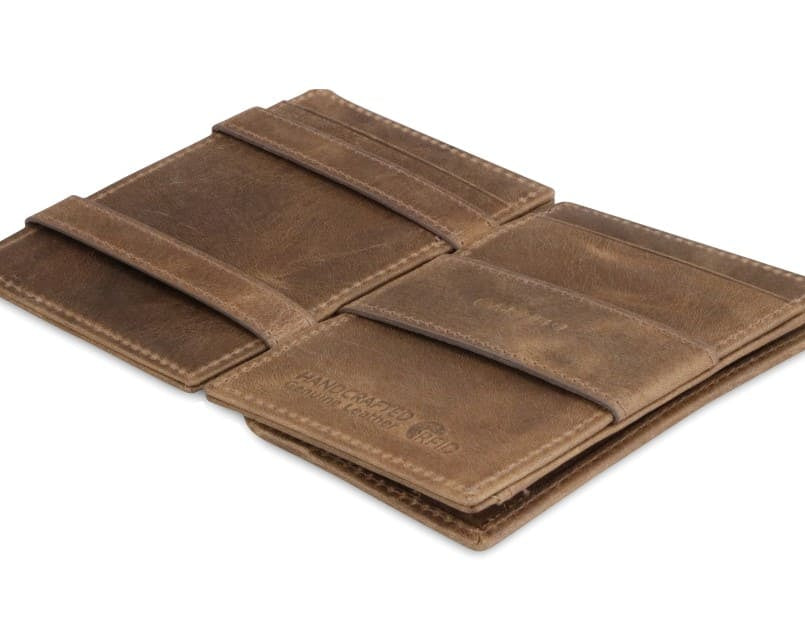 Open view of the  Essenziale Magic Coin Wallet Brushed in Brushed Brown with the money strap to secure money.
