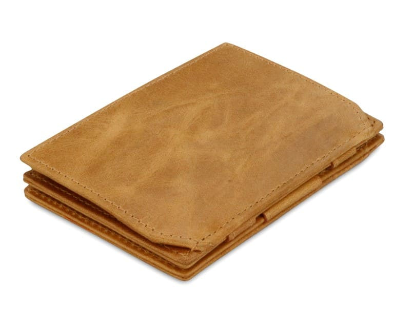 Back view of the Essenziale Magic Coin Wallet Brushed in Brushed Cognac.