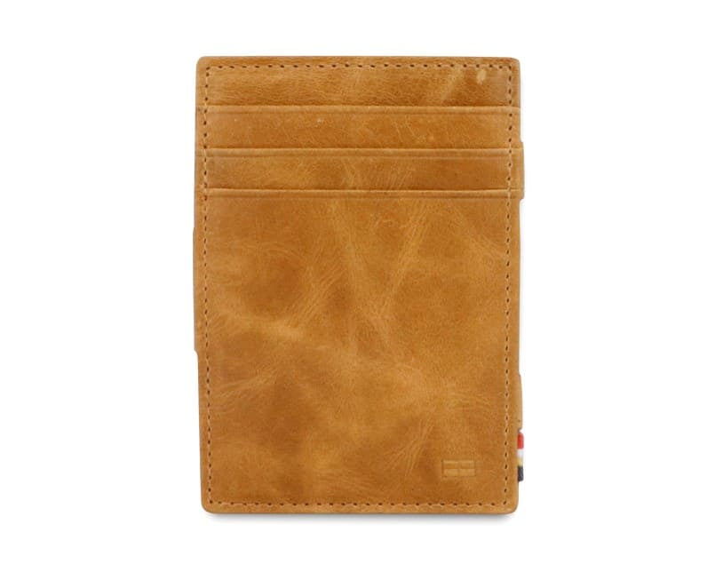 Front view of the Essenziale Magic Coin Wallet Brushed in Brushed Cognac with 3 front pockets for cards.