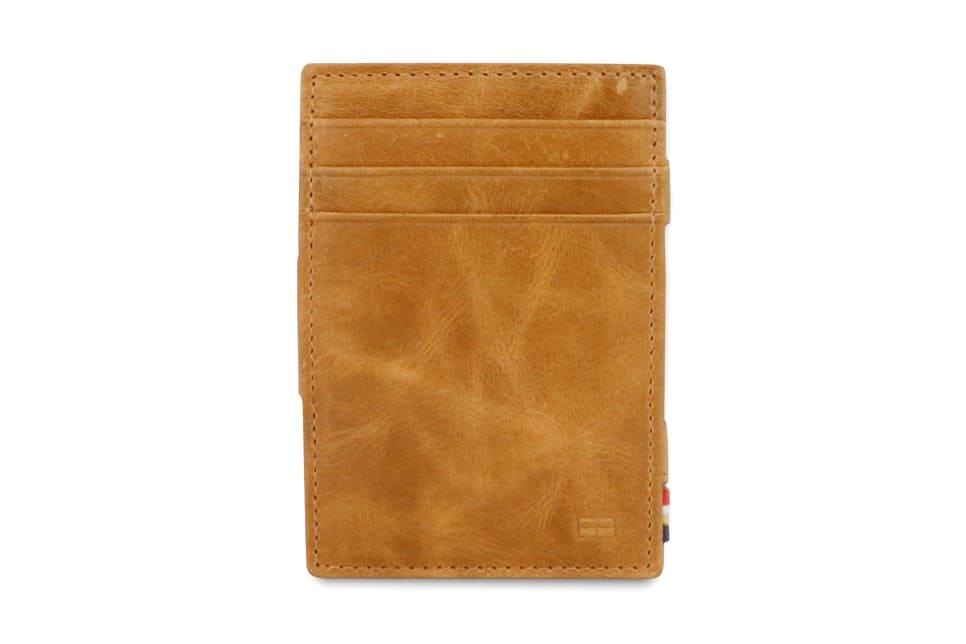 Front view of the Essenziale Magic Coin Wallet Brushed in Brushed Cognac with 3 front pockets for cards.