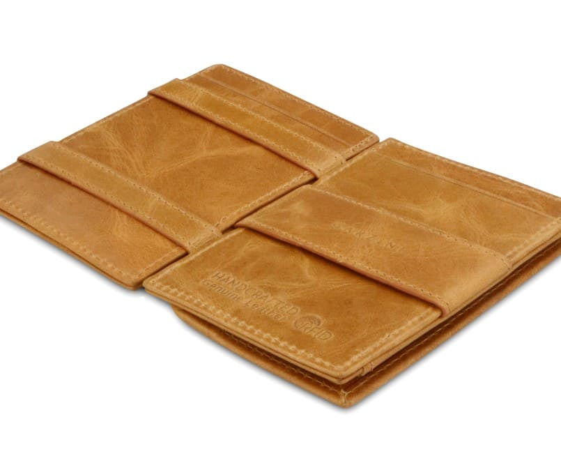 Open view of the  Essenziale Magic Coin Wallet Brushed in Brushed Cognac with the money strap to secure money.